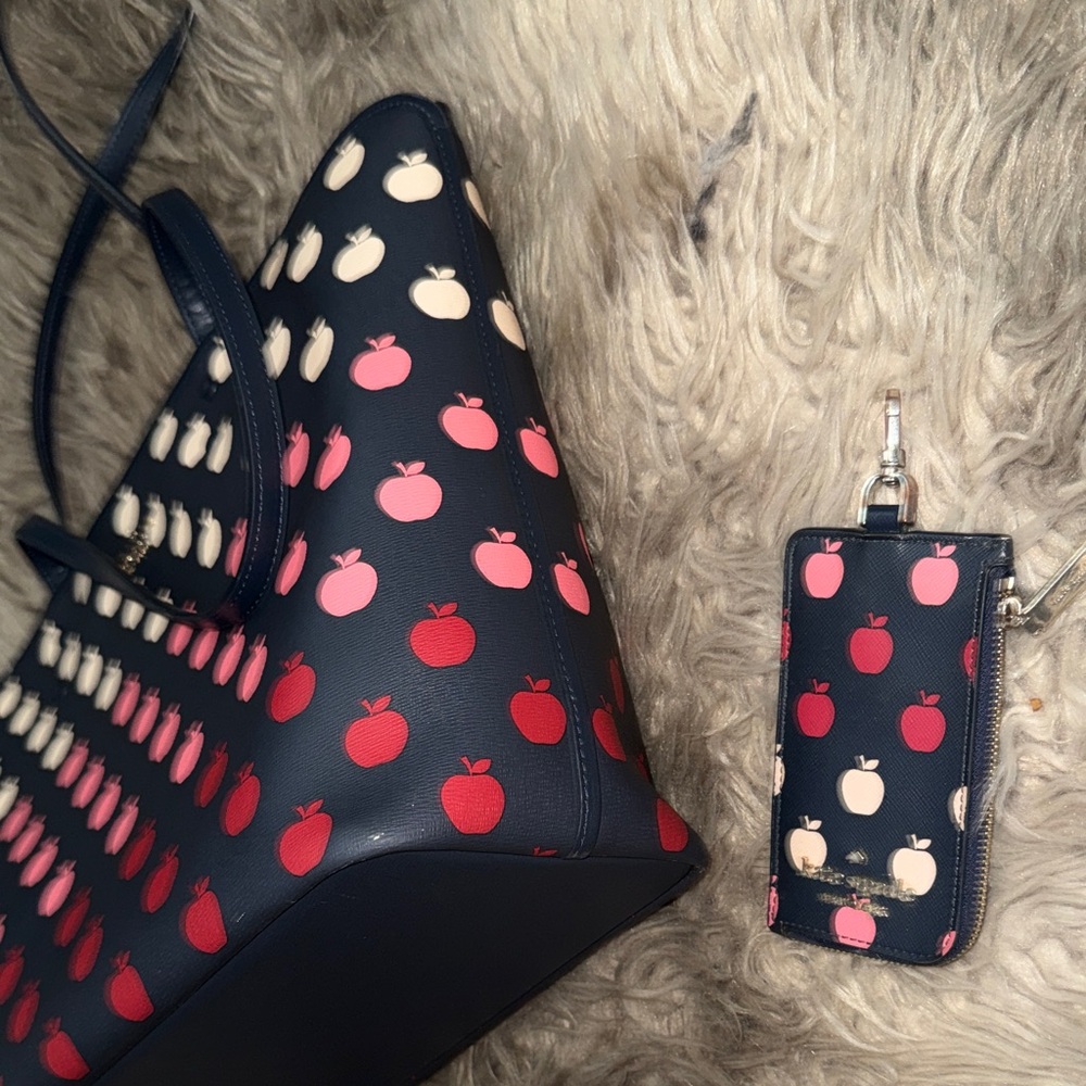 Kate Spade Navy Tote and Wallet with Red and Pink Apple Design - Picture 11 of 13